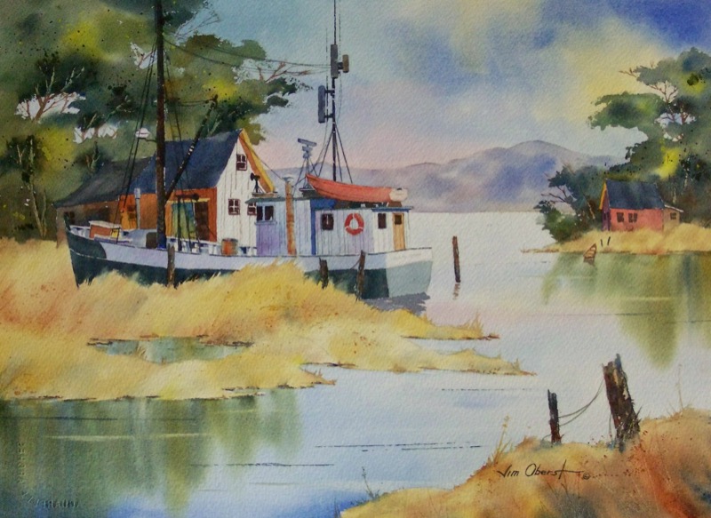 seascape, landscape, boat, swamp, fishing boat, dock, pier, original watercolor painting, oberst